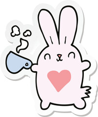 sticker of a cute cartoon rabbit with love heart and coffee cup