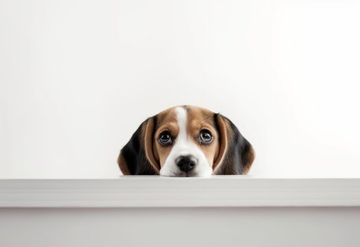 Adorable Beagle Puppy Peeking Out from Behind White Table with Copy Space, Isolated on White Background. Generative AI.