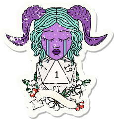 crying tiefling with natural one D20 roll grunge sticker
