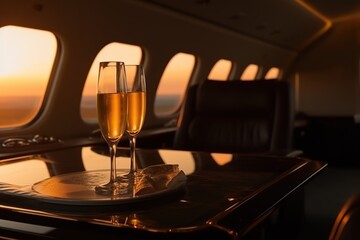 Private Jet, Luxury Table with Champagne and glasses, Sunset from the Window