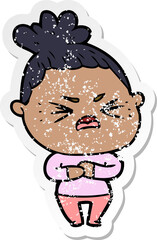 distressed sticker of a cartoon angry woman