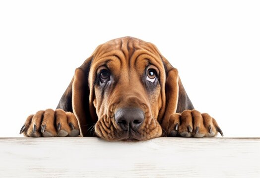 Adorable Bloodhound Puppy Peeking Out from Behind White Table with Copy Space, Isolated on White Background. Generative AI.
