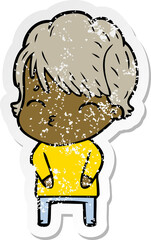 distressed sticker of a cartoon woman thinking