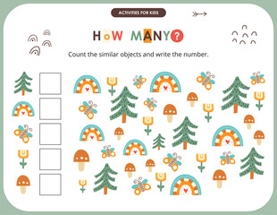 Forest activities for kids. How many. Count the number of tree, butterfly, mushroom, rainbow, flower. Vector illustration.