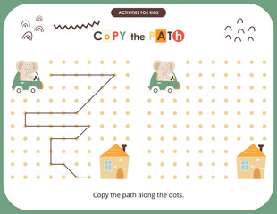 Cute Animals activities for kids. Copy the path for Elephant. Logic games for children. Vector illustration.