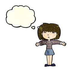 cartoon woman shrugging shoulders with thought bubble
