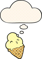 cartoon ice cream and thought bubble in comic book style