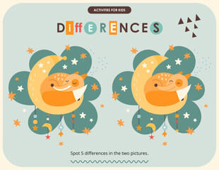 Cute Animals activities for kids. Spot 5 differences. Fox sleep on the moon. Vector illustration.