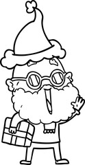 line drawing of a joyful man with beard and parcel under arm wearing santa hat
