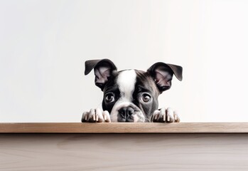 Adorable Boston Terrier Puppy Peeking Out from Behind White Table with Copy Space, Isolated on White Background. Generative AI.