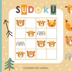 Cute Animals Puzzle game for children. Animals Sudoku. Vector illustration. Jungle Sudoku for kids activity book. Book square format.