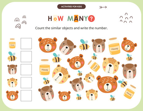 Woodland  Animals activities for kids. How many. Count the number of bear, bee, honey. Vector illustration.