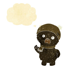 cartoon cute black bear in winter hat and scarf with thought bubble