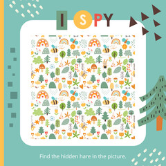 Cute Animals activities for kids. I spy game. Find the hidden hare. Logic games for children. Vector illustration. Book square format.