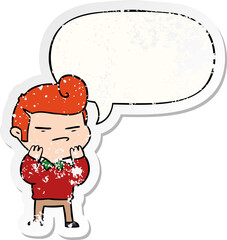cartoon cool guy and fashion hair cut and speech bubble distressed sticker