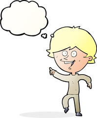 cartoon happy pointing man with thought bubble