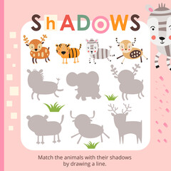 Cute Animals activities for kids. Find the correct shadow for deer, tiger, zebra. Vector illustration. Book square format.