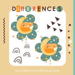 Cute Animals activities for kids. Spot 5 differences. Fox sleep on the moon. Vector illustration. Book square format.