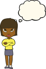 cartoon woman with crossed arms with thought bubble