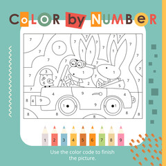 Cute Animals activities for kids. Color by numbers – Funny bunnies in car. Logic games for children. Coloring page. Vector illustration. Book square format.