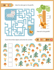 Cute Animals Activity Pages for Kids. Printable Activity Sheet with Safari Animals Mini Games – Maze, Counting game. Vector illustration.
