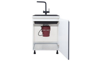 Opened kitchen cabinet with sink, garbage disposal and faucet, isolated on white