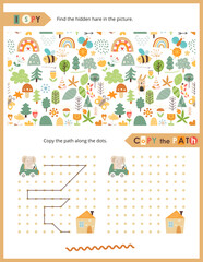 Cute Animals Activity Pages for Kids. Printable Activity Sheet with Safari Animals Mini Games – I spy, Copy the path. Vector illustration.