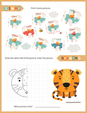 Cute Animals Activity Pages for Kids. Printable Activity Sheet with Safari Animals Mini Games – Find same pictures, Finish the picture. Vector illustration.