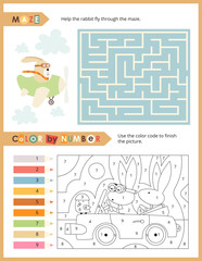 Cute Animals Activity Pages for Kids. Printable Activity Sheet with Woodland Animals Mini Games – Maze, Color by number. Vector illustration.