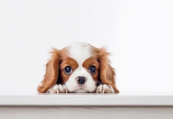Adorable Cavalier King Charles Spaniel Puppy Peeking Out from Behind White Table with Copy Space, Isolated on White Background. Generative AI.