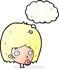 cartoon surprised female face with thought bubble