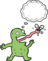 cartoon frog catching fly with thought bubble