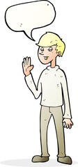 cartoon waving man with speech bubble