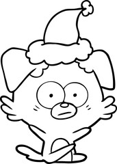 nervous dog line drawing of a wearing santa hat