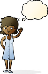 cartoon pretty woman waving with thought bubble