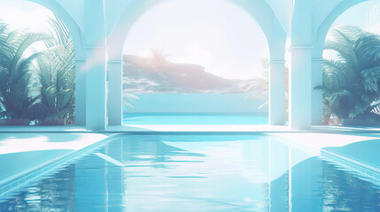 Empty swimming pool in tropical resort in summer background. Generative AI illustration