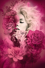Naklejka premium Woman portrait in pink flowers and smoke, Generative AI