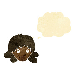 cartoon happy female face with thought bubble