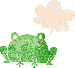 cartoon frog and speech bubble in retro textured style