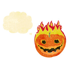 cartoon spooky pumpkin with thought bubble