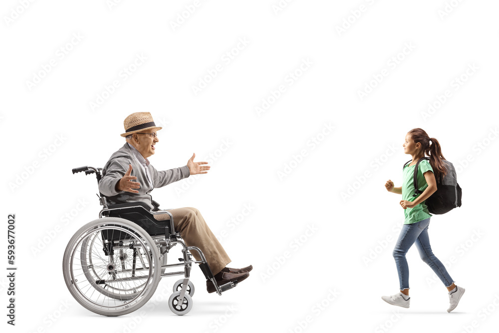 Sticker schoolgirl running towards an elderly man in a wheelchair