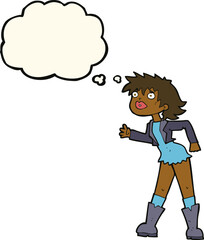 cartoon girl in leather jacket with thought bubble