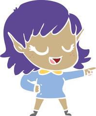 happy flat color style cartoon elf girl pointing