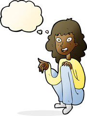cartoon happy woman sitting and pointing with thought bubble