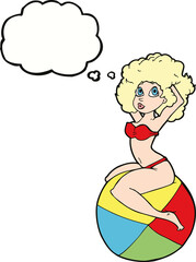 cartoon pin up girl sitting on ball with thought bubble