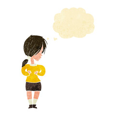 cartoon shy woman with thought bubble