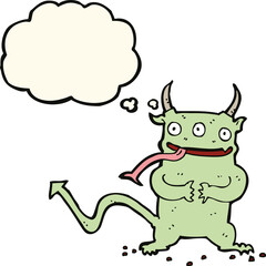 cartoon little demon with thought bubble