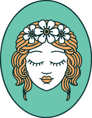 tattoo style icon of a maiden with eyes closed