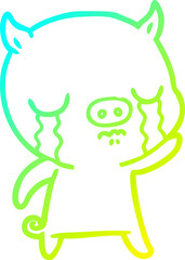 cold gradient line drawing cartoon pig crying waving goodbye