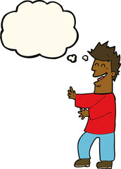 cartoon laughing man with thought bubble